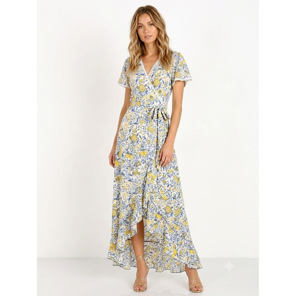 Poupette St Barth Dresses & Skirts - Poupette St Barth Joe Wrap Maxi Dress M Blue Yellow Sunflower Ruffle Resortwear